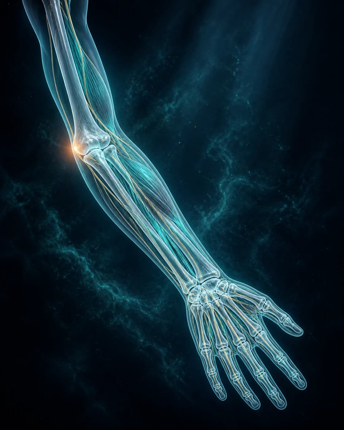 Translucent anatomical illustration of the elbow and forearm