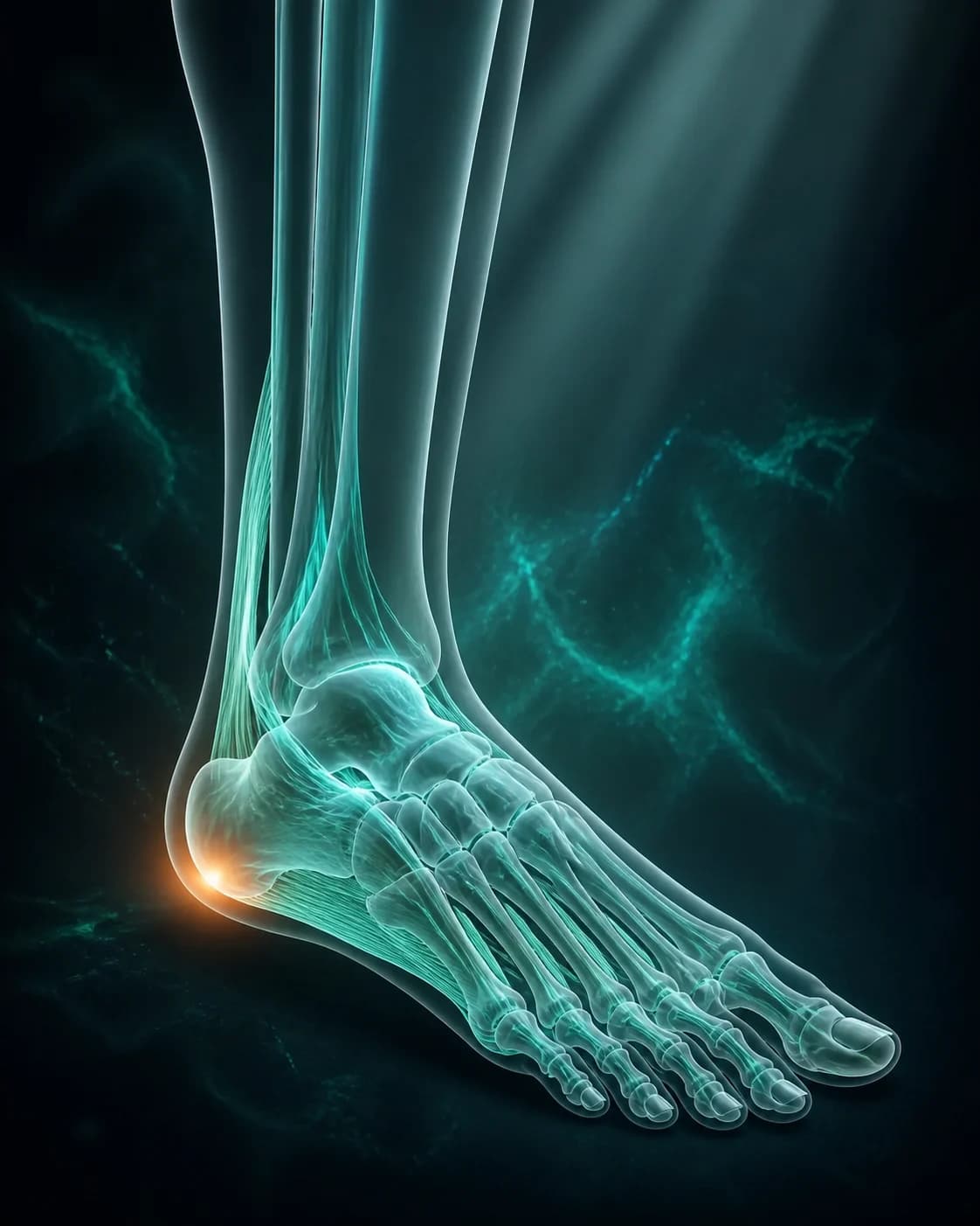 Translucent anatomical illustration of the lower leg, ankle, and foot