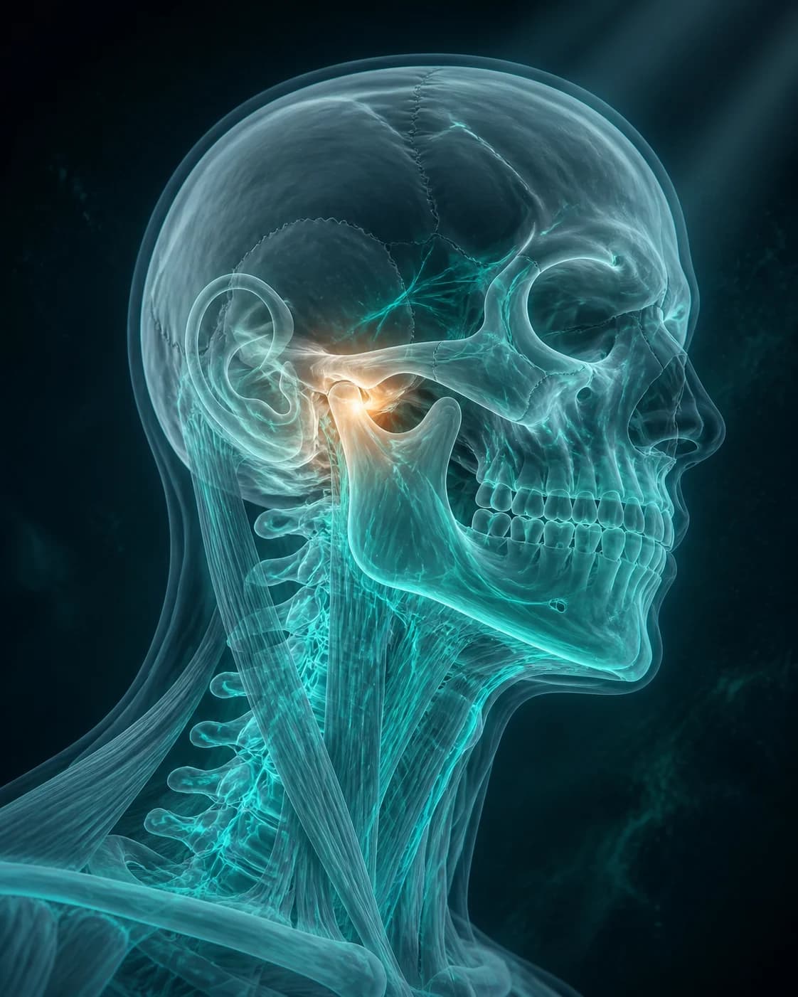 Translucent anatomical illustration of the skull, jaw joint, and upper neck