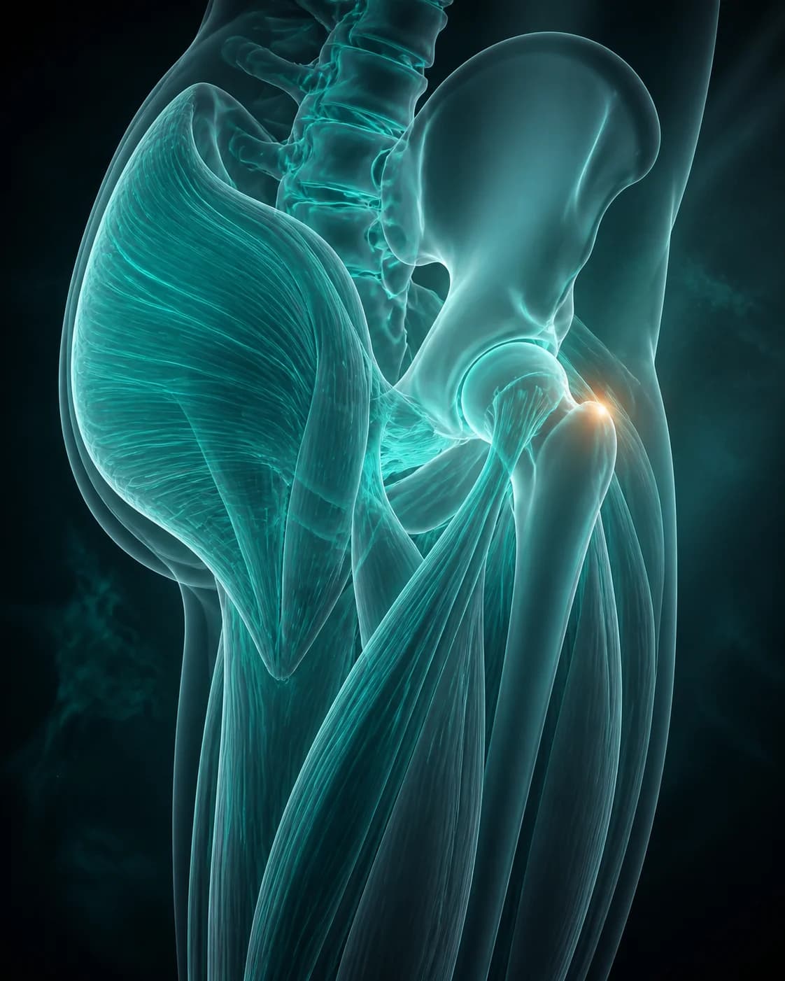 Translucent anatomical illustration of the pelvis, hip joint, and thigh muscles