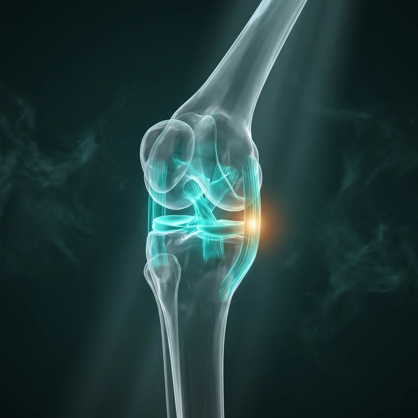 Translucent anatomical illustration of the knee joint, ligaments, and tendons