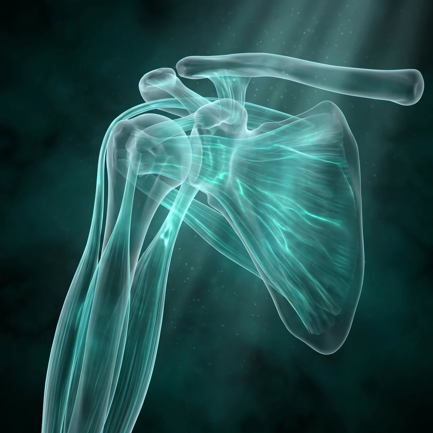 Translucent anatomical illustration of the shoulder joint and rotator cuff