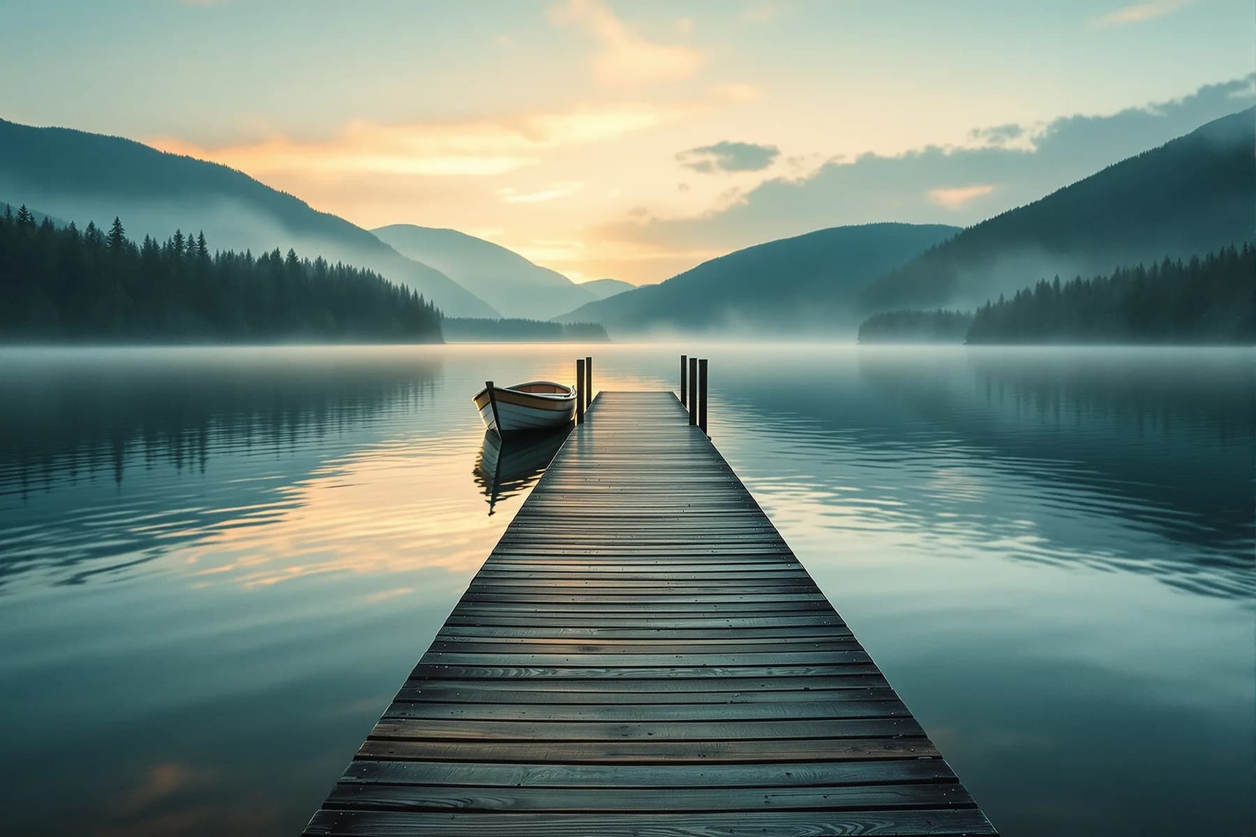 A wooden dock reaching into a calm lake at sunrise, forested hills and mist across the water