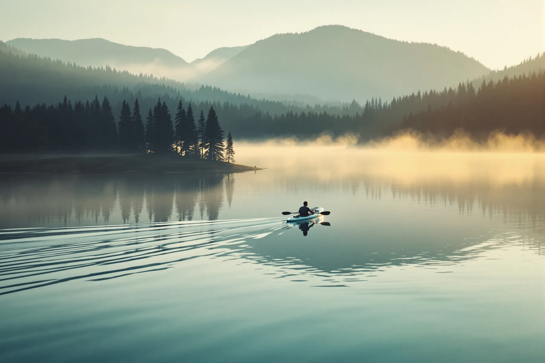 A kayaker paddling across glassy lake water at first light below forested hills
