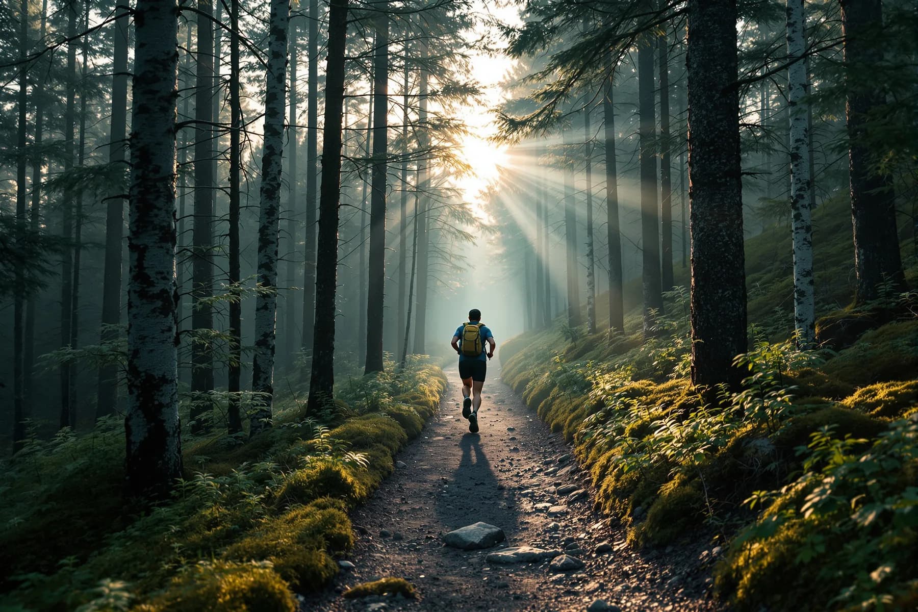 A trail runner on a narrow dirt singletrack through a pine forest, morning sun cutting through the trunks