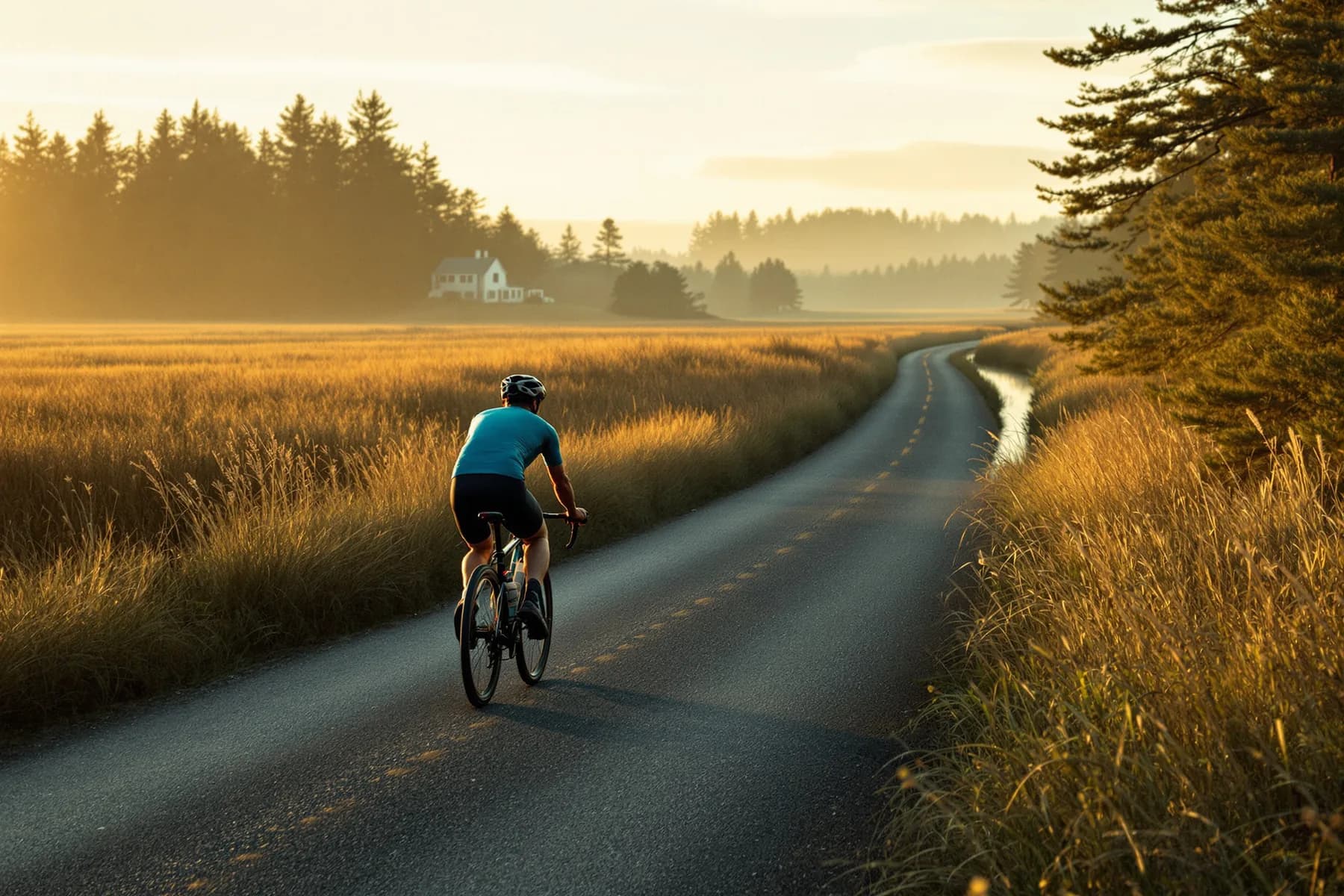 A road cyclist riding a narrow road along a coastal salt marsh at golden hour