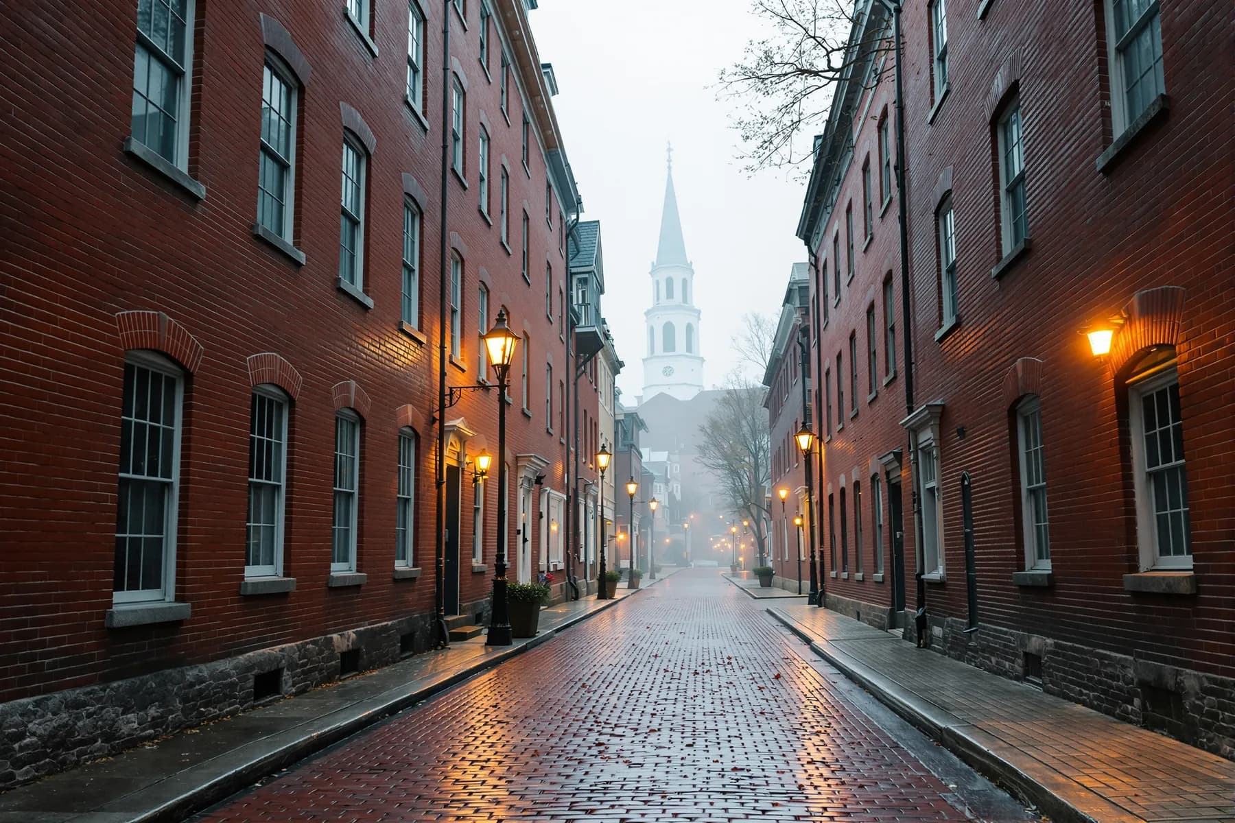 A brick side street in a colonial New England seaport at dawn, a white church steeple at the far end
