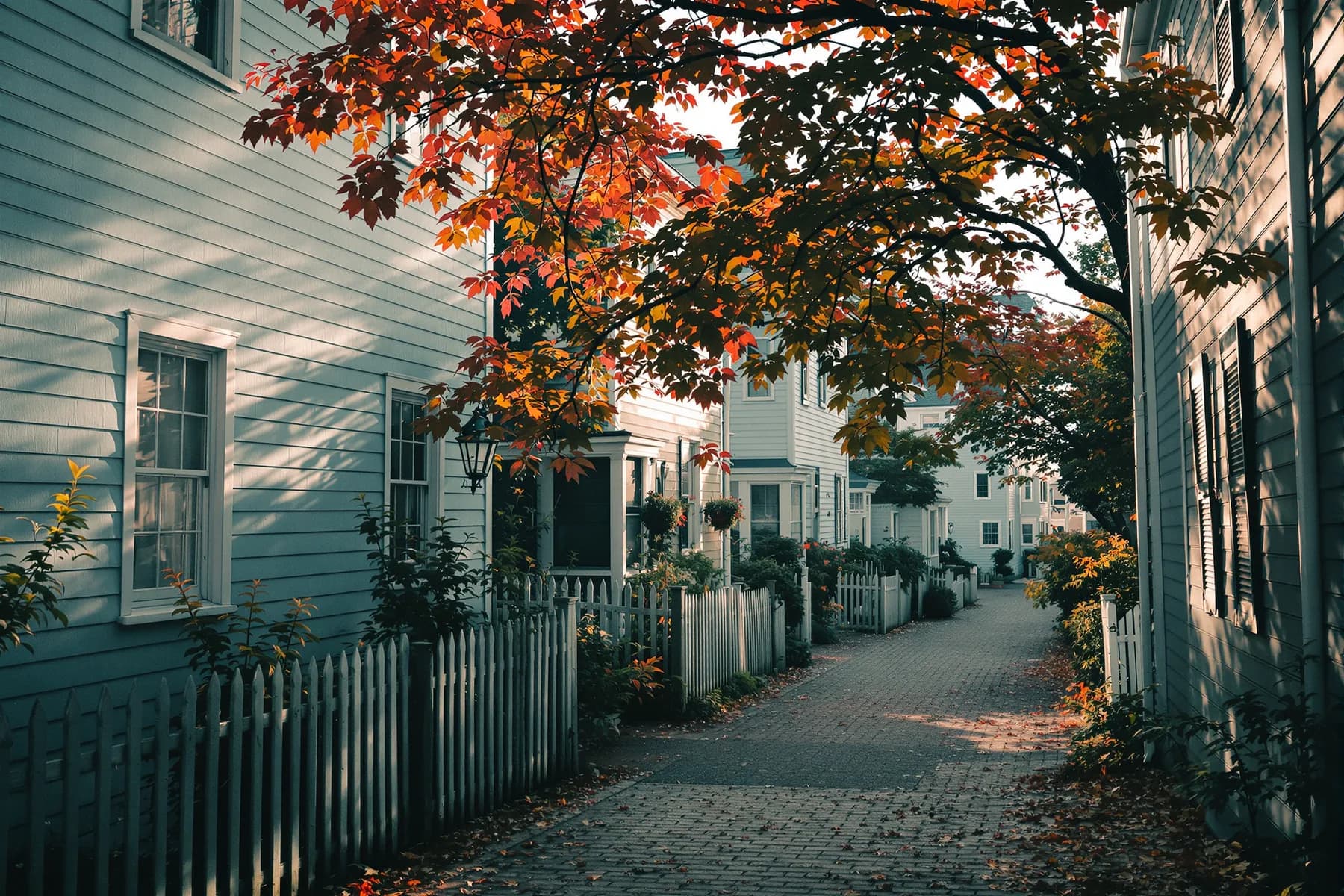 A lane of colonial clapboard houses under autumn maples